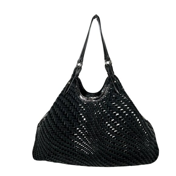 Cole Haan Genevieve Woven Triangle Black Patent Leather Black Tote Shoulder Bag - Picture 1 of 15
